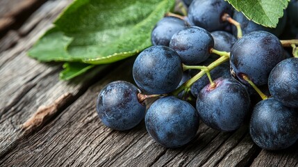Fototapeta premium Fresh Organic Blue Grapes with Green Leaves on Rustic Wooden Surface, Close-Up Photography Capturing Detail and Texture of Natural Fruit Produce