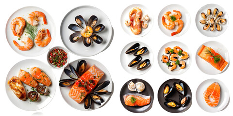  Set of plates with seafood cuisine dish, shrimps, squid, mussels and salmon steak isolated on a white background. Generative AI.