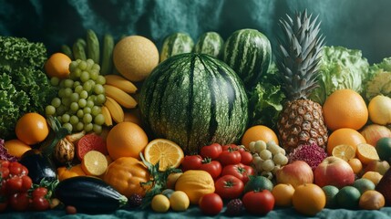Colorful fruits and vegetables. Fresh organic food. Healthy eating. Diet Healthy food. Fruits vegan food. Healthy fresh rainbow colored fruits and vegetables. Top view of fresh vegetables and fruits