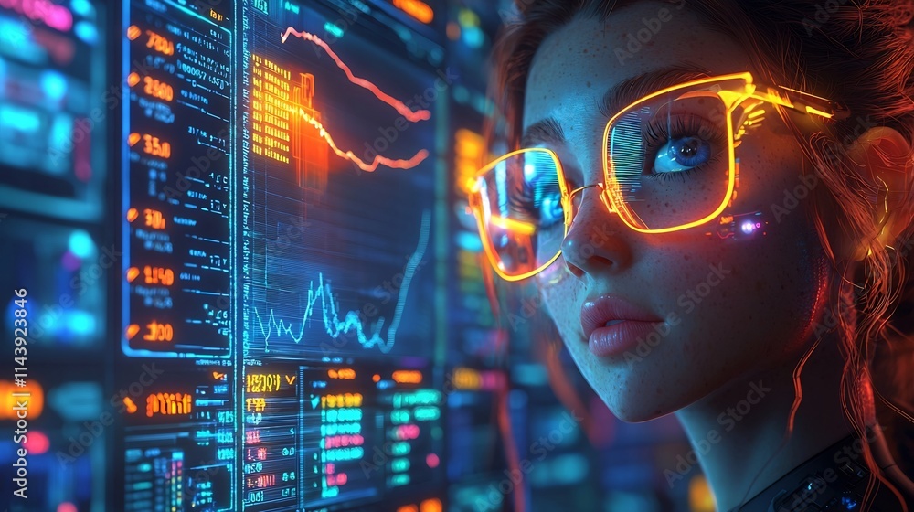 Poster animated 3d futuristic hiring dashboard with colorful real time business analytics and virtual avata