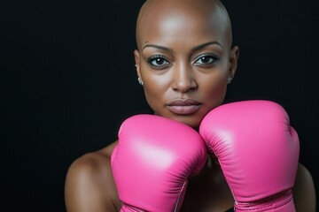 African American woman with bald head wearing hot pink boxer gloves posing as a sign of breast cancer day