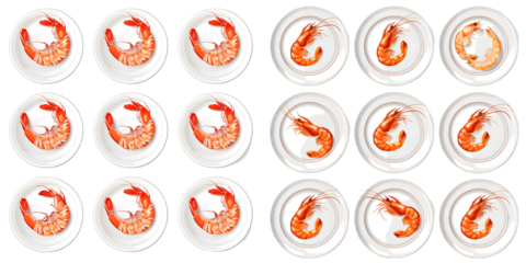 Set of plates with shrimps isolated on a white background. Generative AI.