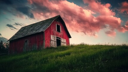 Obraz premium Rustic red barn on grassy hill under dramatic sunset sky.