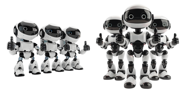 Set of robots giving thumbs up isolated on a white background. Generative AI.