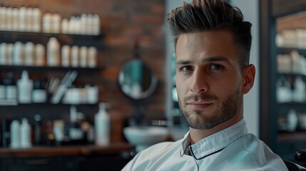 A Hairstylist in Uniform Sitting Confidently in His Workspace, Ready to Create Stylish Transformations