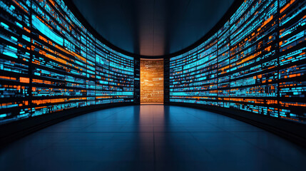 futuristic digital space with glowing blue and orange data panels creates immersive environment. curved walls enhance sense of depth and technology