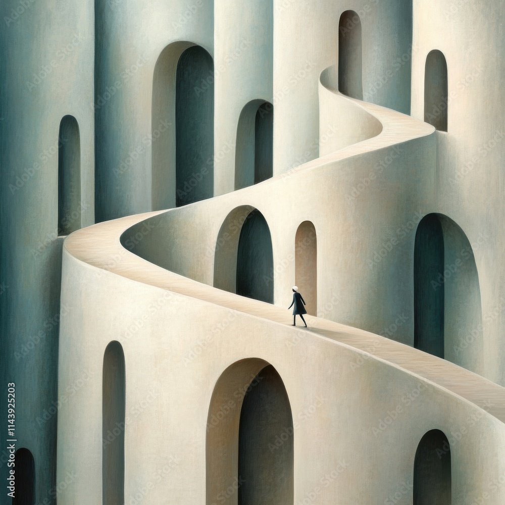 Poster serene journey through abstract architecture with a solitary figure navigating curved paths in a dre