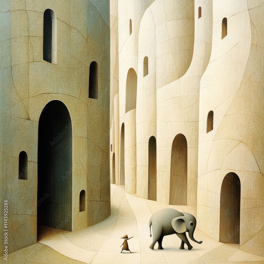 Poster surreal scene of a child walking with an elephant in a unique architectural landscape surrounded by 