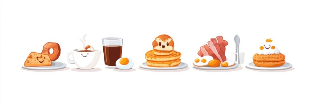 Cartoon breakfast food illustration with coffee, pancakes, bacon, eggs, pastries.