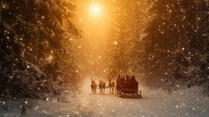 Santa's sleigh pulled by reindeer through a snowy forest at sunset.