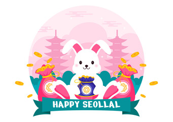 Happy Seollal Translation Korean New Year Vector Illustration Featuring the Year of the Wood Rabbit and Gold Coins for the 29 January Celebration