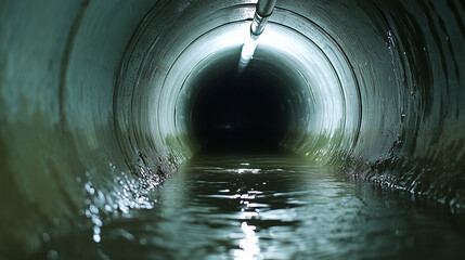 Into the Depths: A haunting image of a concrete tunnel, its surface damp and worn, leading into a dark and mysterious unknown. The single light source at the end casts an eerie glow.