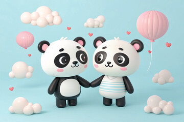 Cute panda and bear characters with clouds and pink and white spheres on a light blue background © MdTanvir