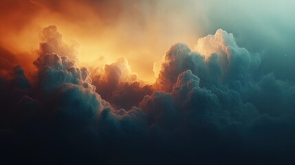 Dramatic sunset sky with dark, orange and grey cumulonimbus clouds.