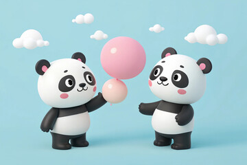 Cute panda and bear characters with clouds and pink and white spheres on a light blue background