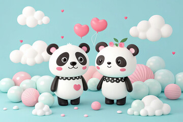Cute panda and bear characters with clouds and pink and white spheres on a light blue background