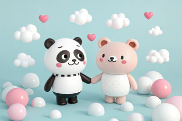 Cute panda and bear characters with clouds and pink and white spheres on a light blue background