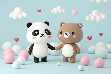 Cute panda and bear characters with clouds and pink and white spheres on a light blue background © MdTanvir