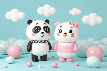 Cute panda and bear characters with clouds and pink and white spheres on a light blue background