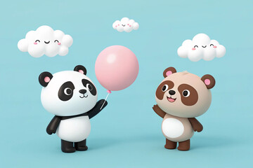 Cute panda and bear characters with clouds and pink and white spheres on a light blue background