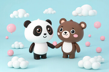 Cute panda and bear characters with clouds and pink and white spheres on a light blue background