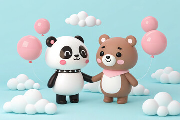 Cute panda and bear characters with clouds and pink and white spheres on a light blue background