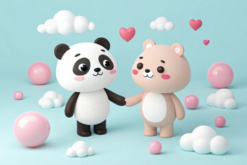 Cute panda and bear characters with clouds and pink and white spheres on a light blue background