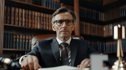 Professional Lawyer Seated in Office, Dressed in Formal Attire, Exuding Confidence and Dedication in a Modern Workspace