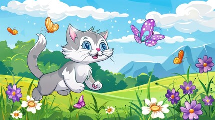 On the grass, a kitten happily flutters the butterflies flying among the flowers