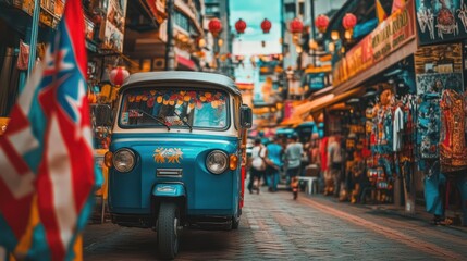 Obraz premium Colorful Tuk-tuk parked on a vibrant Asian street market.