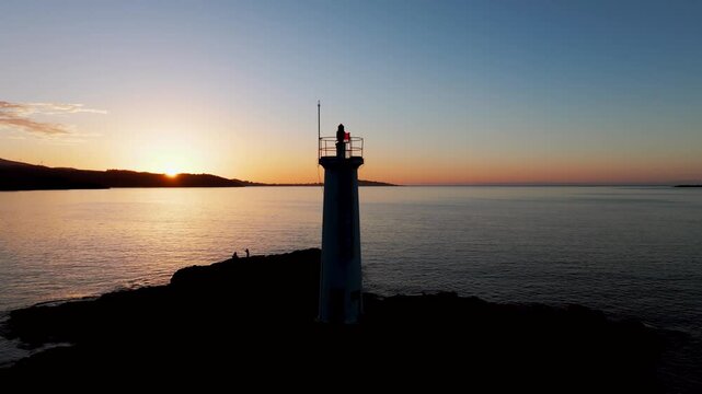 Aerial View Of Fazo baliza do Lago During Sunset In Muxia, A Coru&ntilde;a, Spain.