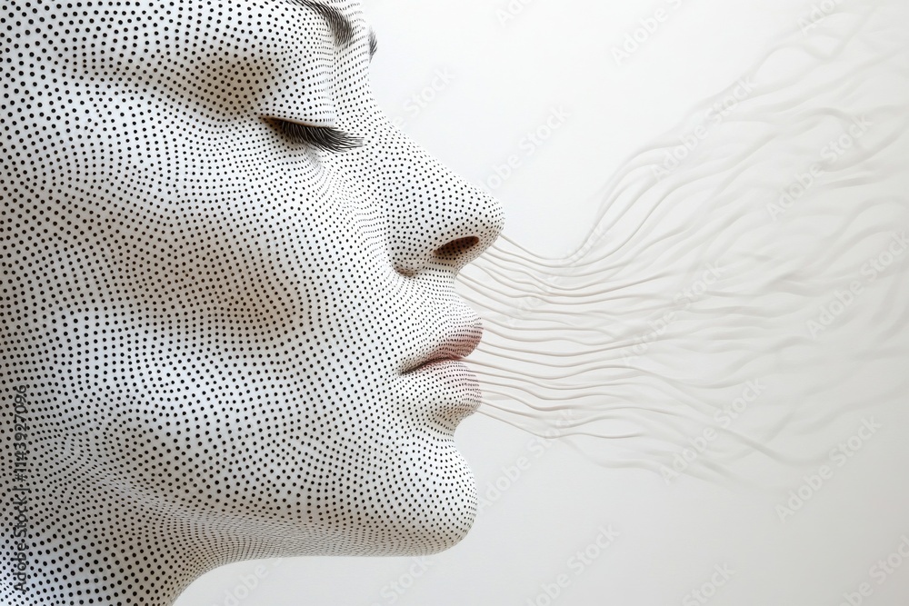 Poster Fascinating Portrait of a Female Figure with Intricate Dot Patterns and Ethereal Vapor Representation Emphasizing Beauty and Depth in Modern Art