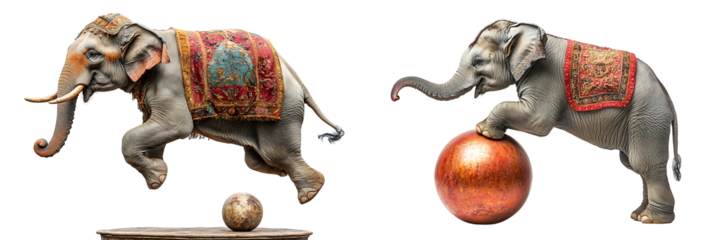 Set of a circus elephant on hind legs holding a painted ball, isolated on a transparent background.