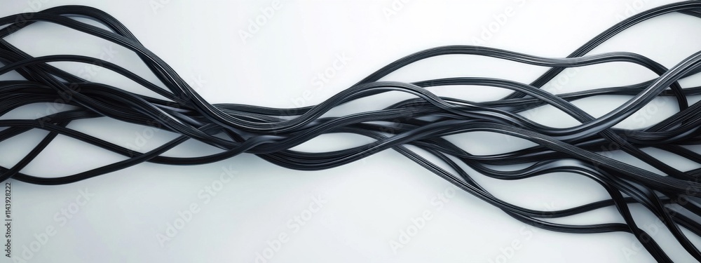 Poster intertwined black cables on a smooth surface creating abstract art with contrast of dark lines again