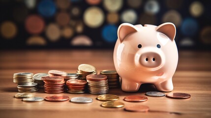 Piggy Bank Surrounded by Coins and Bills on Wooden Table Symbolizing Savings for Financial Growth and Wealth Accumulation