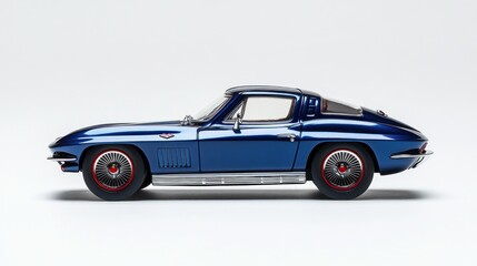 Obraz premium Classic blue coupe sports car, side profile view on white background.