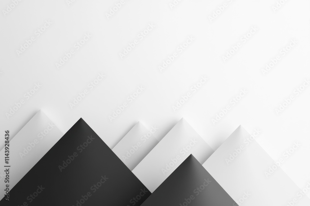 Poster minimalist geometric composition of black and white triangular shapes with soft shadows against a cl