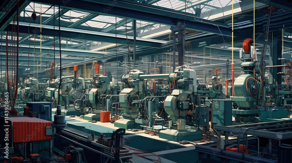Poster automated industrial factory with assembly lines efficiently producing and manufacturing various goo