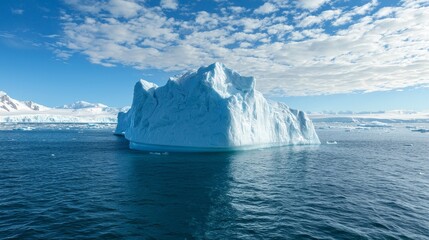 Majestic Iceberg Floating in Crystal Clear Antarctic Waters Under a Bright Blue Sky with Wispy Clouds, Showcasing the Beauty of Nature's Frozen Formations