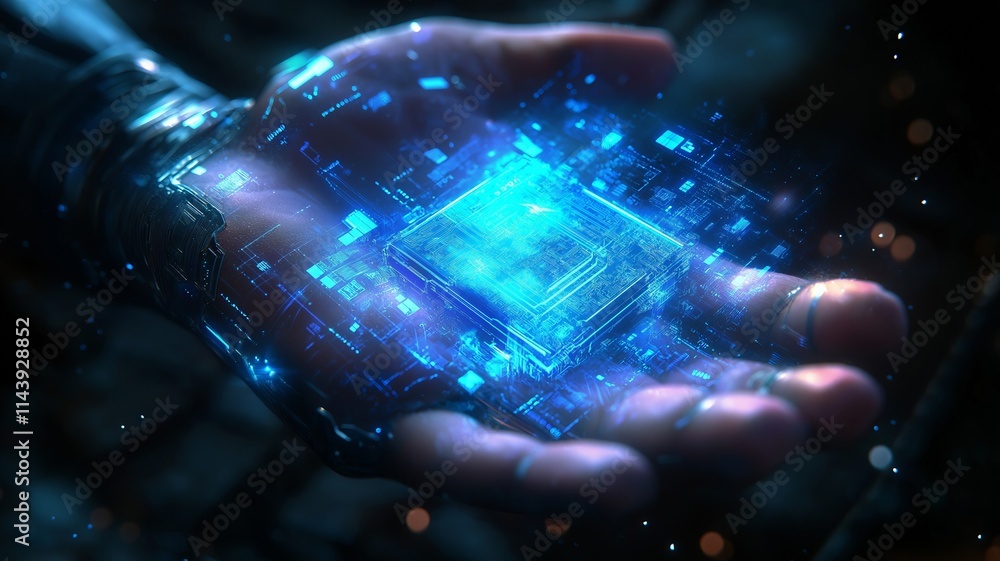 Aufkleber technician holding futuristic microchip in augmented reality setting
