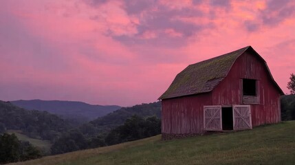 Obraz premium Red barn on hillside at sunset.