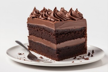 Delicious chocolate cake slice with frosting on a plate.