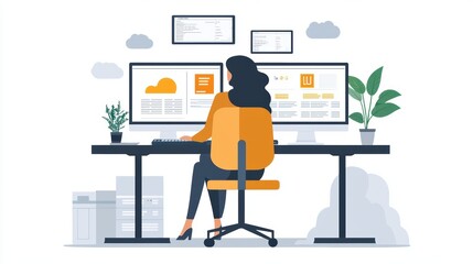 Woman designing cloud-based architecture, multi-monitor setup, engaged in workflow automation; streamlined, high-tech environment, cloud infrastructure management; skilled women in cloud engineering