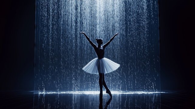 Ballerina dancing under artificial rain in dark studio - Powered by Adobe