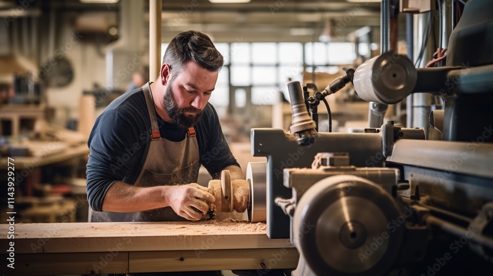 Poster experienced carpenter skillfully shaping a wooden block on a lathe machine in a contemporary and wel