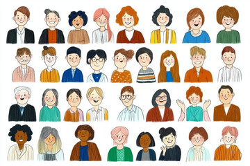 Hand drawn diverse group of people with various hairstyles and clothing styles, showcasing range of emotions and expressions in colorful illustration