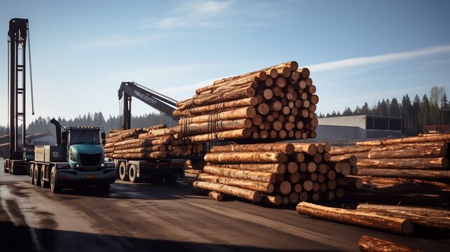 Crane Lifting and Transporting Timber Logs in a Large Scale Lumber Production Plant or Factory Environment  Industrial Manufacturing and Processing of Wood Resources