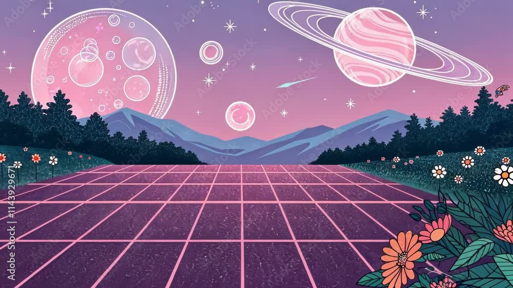 Poster cosmic connections an expansive grid glows in a psychedelic swirl of colors with floating translucen