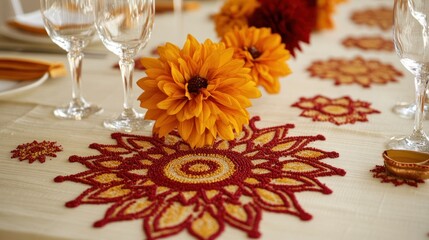 Elegant table setting with embroidered placemats, orange flowers, and glassware.