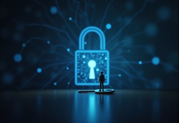 A key man stands before a glowing blue padlock symbol representing cybersecurity and data protection.